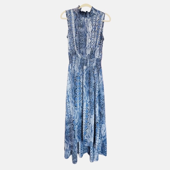 Nanette Lepore Stevie Snake-print Hi-Low Smocked-Waist Sleeveless Blue Dress - Picture 2 of 16
